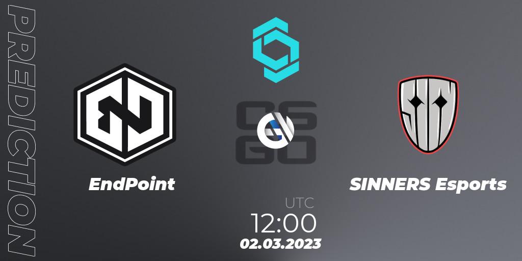 EndPoint vs SINNERS Esports: Betting TIp, Match Prediction. 02.03.2023 at 12:25. Counter-Strike (CS2), CCT North Europe Series #4