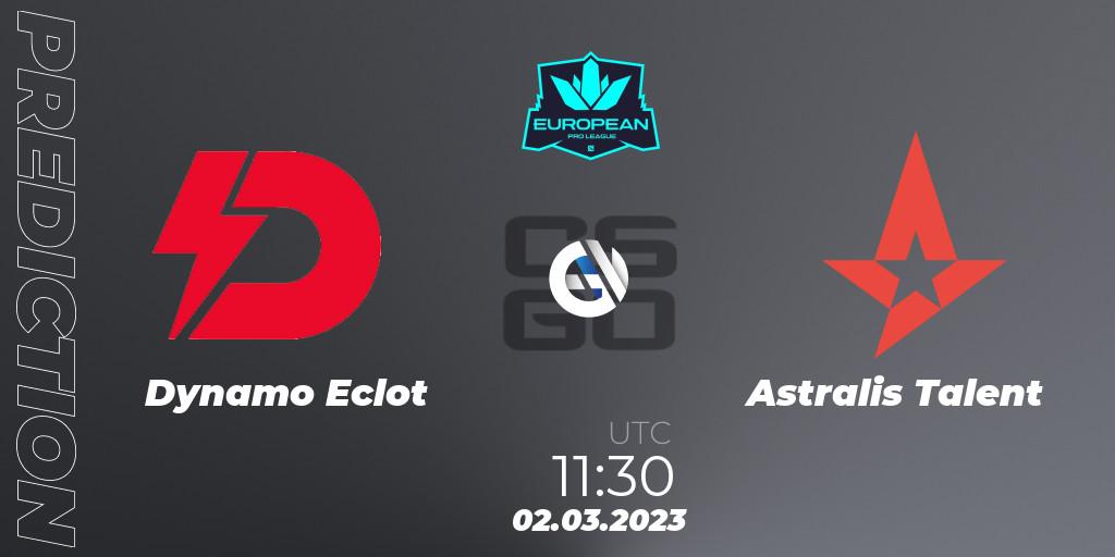 Dynamo Eclot vs Astralis Talent: Betting TIp, Match Prediction. 02.03.2023 at 11:30. Counter-Strike (CS2), European Pro League Season 6