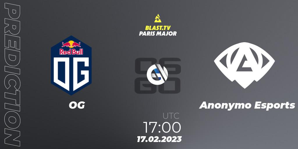 OG vs Anonymo Esports: Betting TIp, Match Prediction. 17.02.2023 at 17:00. Counter-Strike (CS2), BLAST.tv Paris Major 2023 Europe RMR Closed Qualifier B