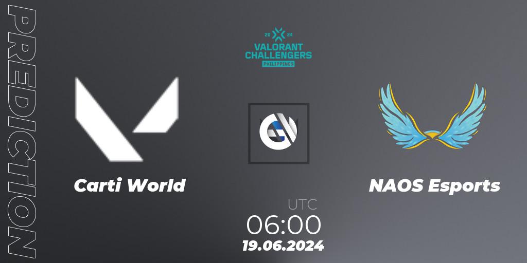 Carti World vs NAOS Esports: Betting TIp, Match Prediction. 19.06.2024 at 06:00. VALORANT, VALORANT Challengers 2024 Philippines: Split 2