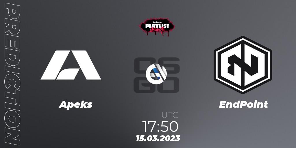 Apeks vs EndPoint: Betting TIp, Match Prediction. 15.03.2023 at 18:20. Counter-Strike (CS2), BetBoom Playlist. Urbanistic