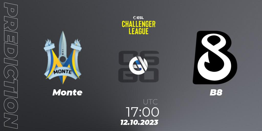 Monte vs B8: Betting TIp, Match Prediction. 26.10.2023 at 09:00. Counter-Strike (CS2), ESL Challenger League Season 46: Europe