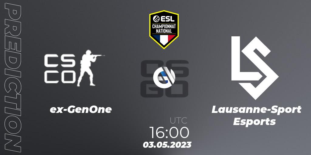 ex-GenOne vs Lausanne-Sport Esports: Betting TIp, Match Prediction. 04.05.2023 at 16:00. Counter-Strike (CS2), ESL Championnat National Spring 2023