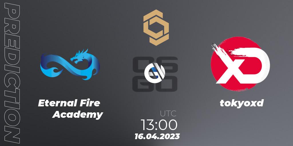 Eternal Fire Academy vs tokyoxd: Betting TIp, Match Prediction. 16.04.2023 at 13:00. Counter-Strike (CS2), CCT South Europe Series #4: Closed Qualifier