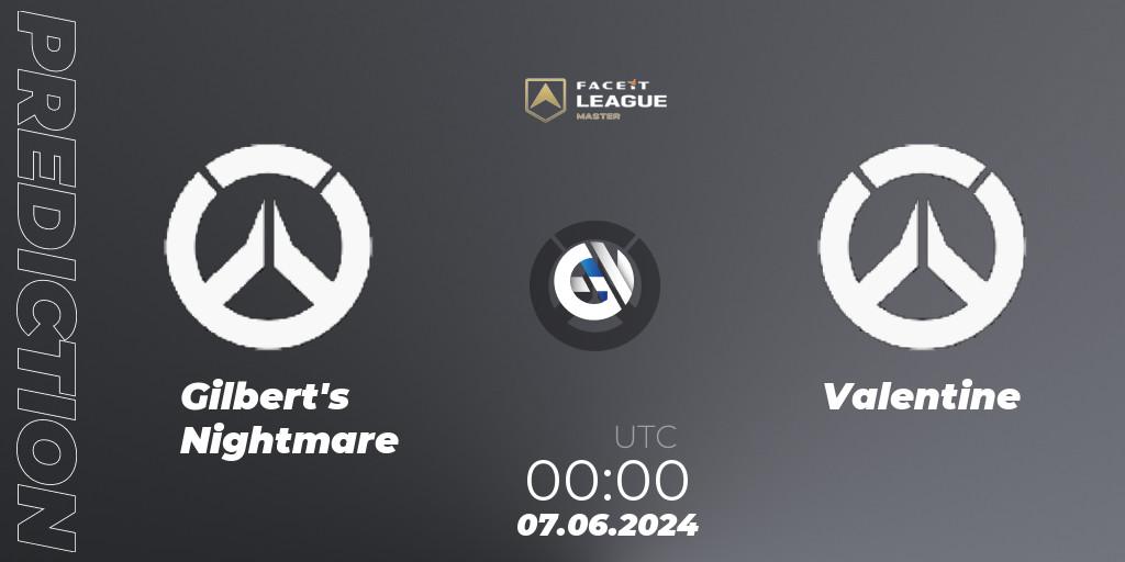 Gilbert's Nightmare vs Valentine: Betting TIp, Match Prediction. 07.06.2024 at 00:00. Overwatch, FACEIT League Season 1 - NA Master Road to EWC