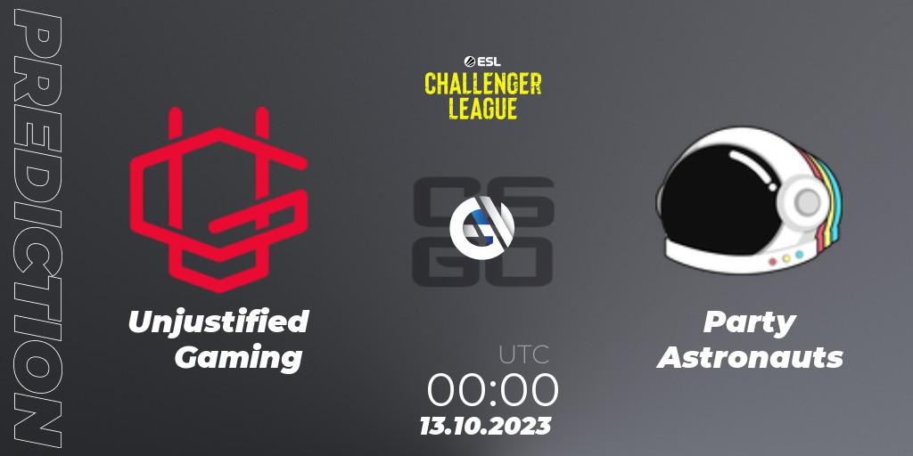 Unjustified Gaming vs Party Astronauts: Betting TIp, Match Prediction. 13.10.2023 at 00:00. Counter-Strike (CS2), ESL Challenger League Season 46: North America