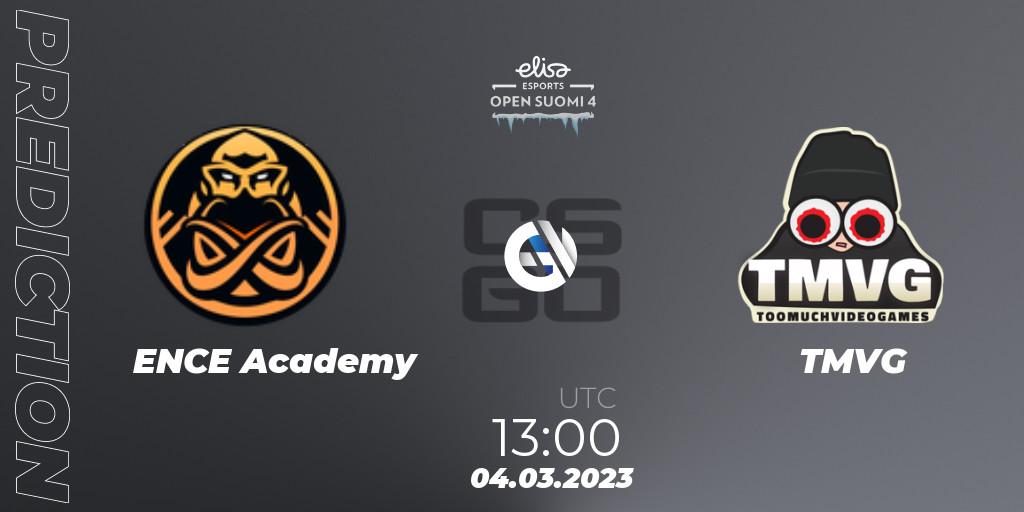 ENCE Academy vs TMVG: Betting TIp, Match Prediction. 04.03.2023 at 13:45. Counter-Strike (CS2), Elisa Open Suomi Season 4
