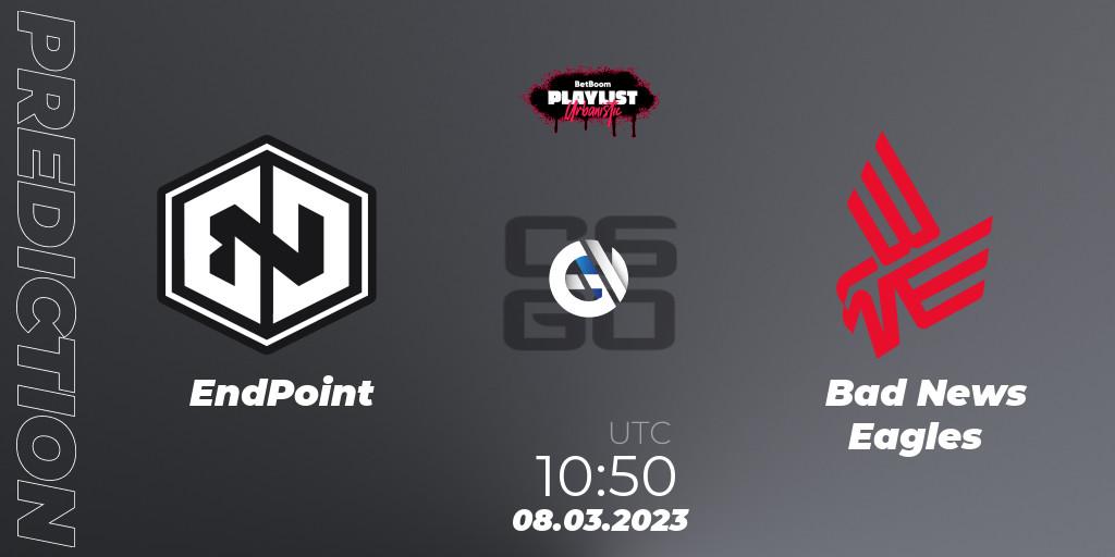 EndPoint vs Bad News Eagles: Betting TIp, Match Prediction. 08.03.2023 at 10:50. Counter-Strike (CS2), BetBoom Playlist. Urbanistic