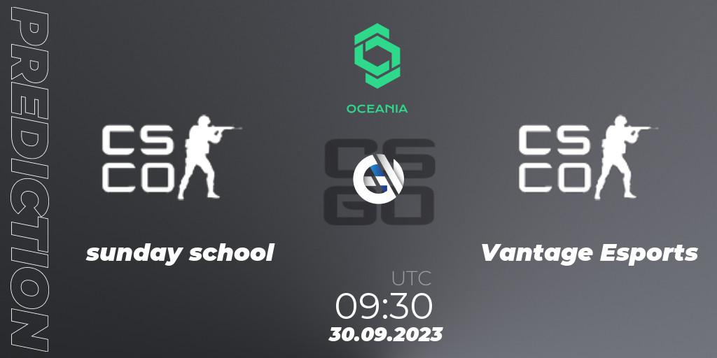 sunday school vs Vantage Esports: Betting TIp, Match Prediction. 30.09.2023 at 09:45. Counter-Strike (CS2), CCT Oceania Series #2
