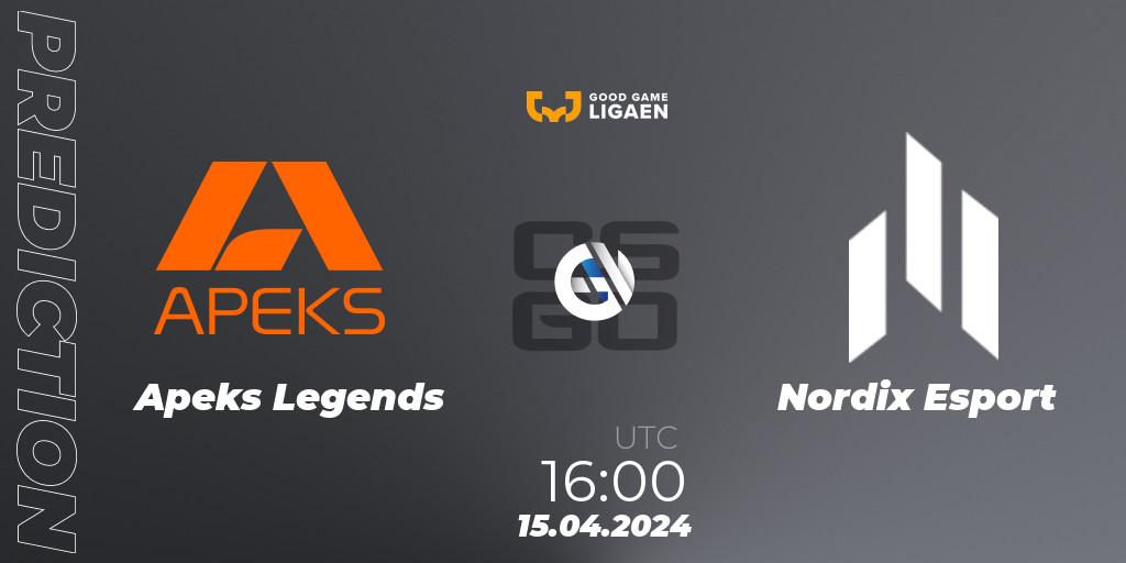 Apeks Legends vs Nordix Esport: Betting TIp, Match Prediction. 15.04.2024 at 16:00. Counter-Strike (CS2), Good Game-ligaen Spring 2024