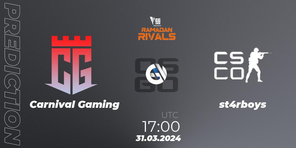 Carnival Gaming vs st4rboys: Betting TIp, Match Prediction. 31.03.2024 at 17:00. Counter-Strike (CS2), GG League Ramadan Rivals 2024: Open Qualifier #3