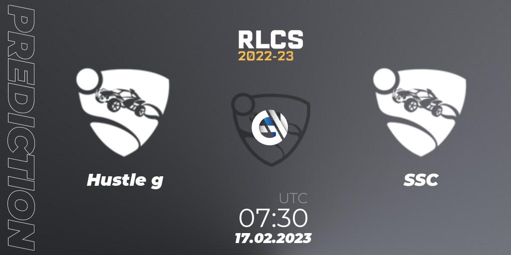 Hustle g vs SSC: Betting TIp, Match Prediction. 17.02.2023 at 07:30. Rocket League, RLCS 2022-23 - Winter: Oceania Regional 2 - Winter Cup