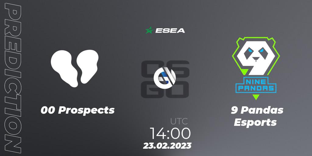 00 Prospects vs 9 Pandas Esports: Betting TIp, Match Prediction. 23.02.2023 at 14:00. Counter-Strike (CS2), ESEA Season 44: Advanced Division - Europe