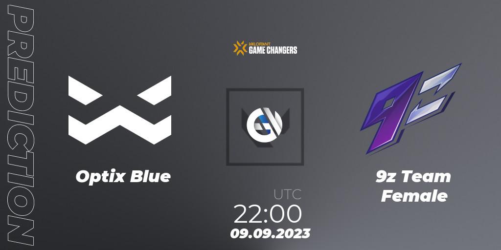 Optix Blue vs 9z Team Female: Betting TIp, Match Prediction. 09.09.2023 at 22:00. VALORANT, VCT 2023: Game Changers LAS - Playoffs