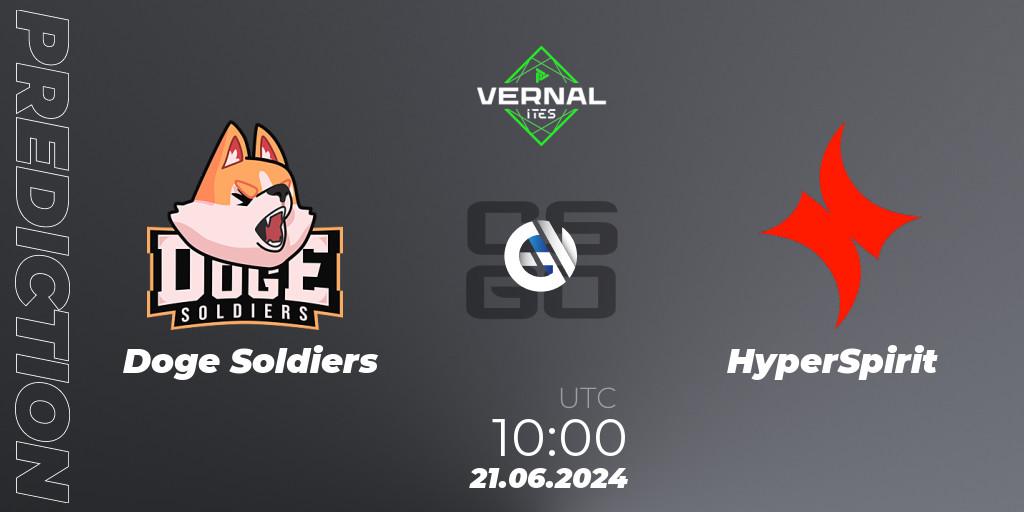 Doge Soldiers vs HyperSpirit: Betting TIp, Match Prediction. 21.06.2024 at 10:00. Counter-Strike (CS2), ITES Vernal