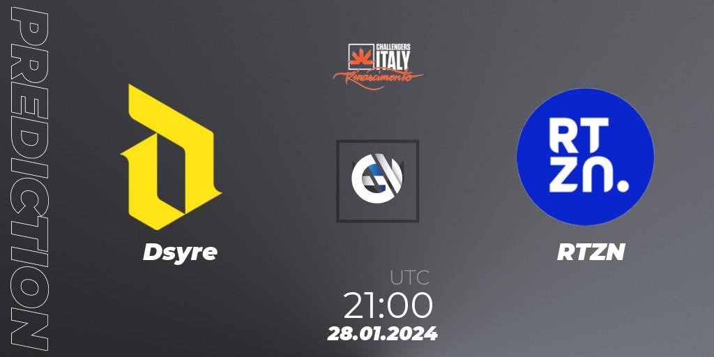 Dsyre vs RTZN: Betting TIp, Match Prediction. 28.01.2024 at 21:10. VALORANT, VALORANT Challengers 2024 Italy: Rinascimento Split 1