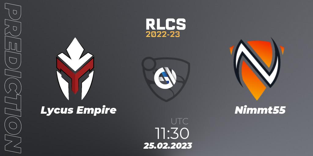 Lycus Empire vs Nimmt55: Betting TIp, Match Prediction. 25.02.2023 at 11:30. Rocket League, RLCS 2022-23 - Winter: Asia-Pacific Regional 3 - Winter Invitational
