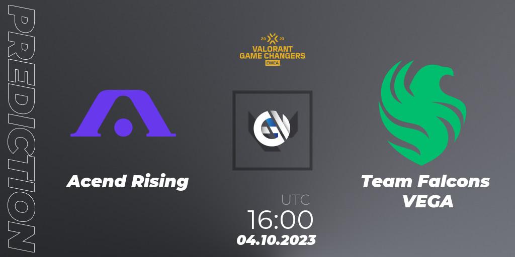 Acend Rising vs Team Falcons VEGA: Betting TIp, Match Prediction. 04.10.2023 at 16:00. VALORANT, VCT 2023: Game Changers EMEA Stage 3 - Playoffs