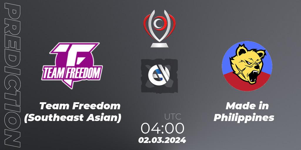 Team Freedom (Southeast Asian) vs Made in Philippines: Betting TIp, Match Prediction. 02.03.2024 at 04:05. Dota 2, Opus League
