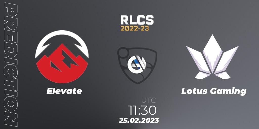 Elevate vs Lotus Gaming: Betting TIp, Match Prediction. 25.02.2023 at 11:30. Rocket League, RLCS 2022-23 - Winter: Asia-Pacific Regional 3 - Winter Invitational