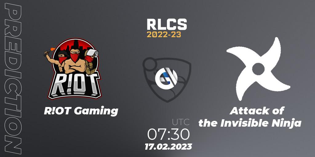 R!OT Gaming vs Attack of the Invisible Ninja: Betting TIp, Match Prediction. 17.02.2023 at 07:30. Rocket League, RLCS 2022-23 - Winter: Oceania Regional 2 - Winter Cup