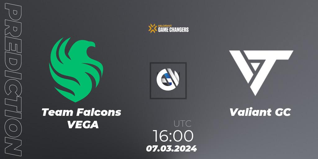 Team Falcons VEGA vs Valiant GC: Betting TIp, Match Prediction. 07.03.2024 at 16:00. VALORANT, VCT 2024: Game Changers EMEA Stage 1