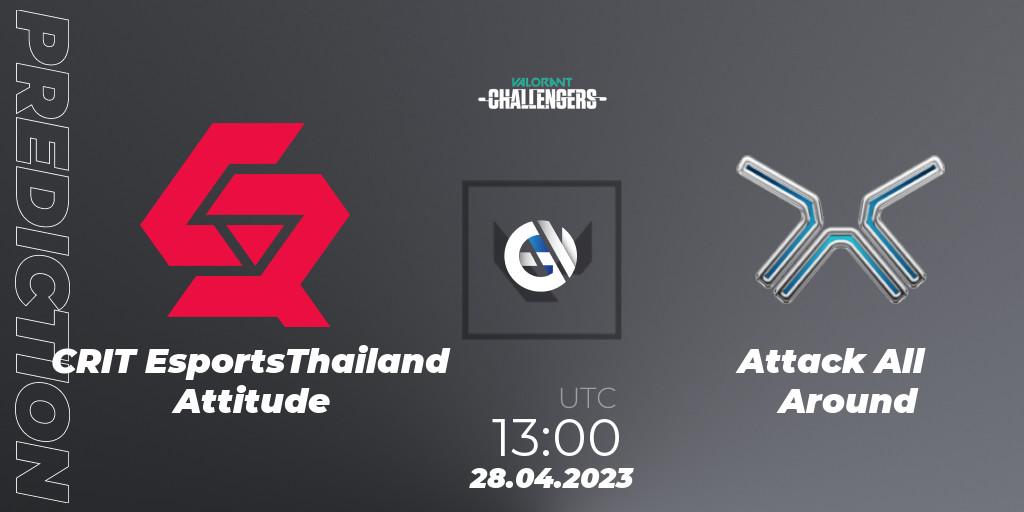 CRIT EsportsThailand Attitude vs Attack All Around: Betting TIp, Match Prediction. 28.04.2023 at 13:00. VALORANT, VALORANT Challengers 2023: Thailand Split 2 - Regular Season