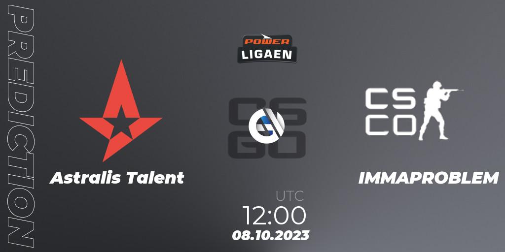 Astralis Talent vs IMMAPROBLEM: Betting TIp, Match Prediction. 08.10.2023 at 12:00. Counter-Strike (CS2), POWER Ligaen Season 24 Finals