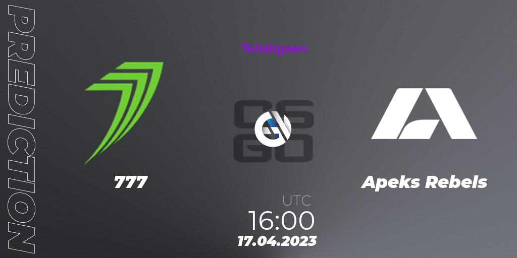 777 vs Apeks Rebels: Betting TIp, Match Prediction. 17.04.2023 at 16:00. Counter-Strike (CS2), Telialigaen Spring 2023: Group stage