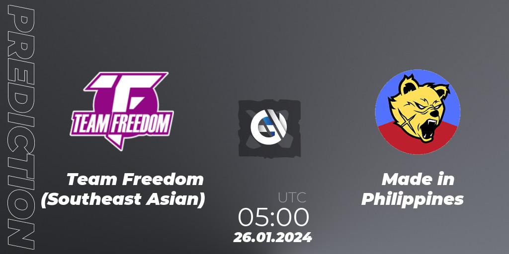 Team Freedom (Southeast Asian) vs Made in Philippines: Betting TIp, Match Prediction. 28.01.2024 at 06:59. Dota 2, New Year Cup 2024