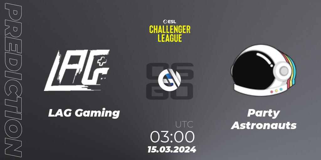 LAG Gaming vs Party Astronauts: Betting TIp, Match Prediction. 09.05.2024 at 02:00. Counter-Strike (CS2), ESL Challenger League Season 47: North America