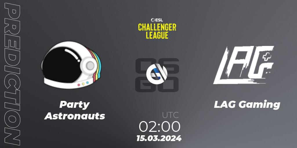 Party Astronauts vs LAG Gaming: Betting TIp, Match Prediction. 09.05.2024 at 01:00. Counter-Strike (CS2), ESL Challenger League Season 47: North America