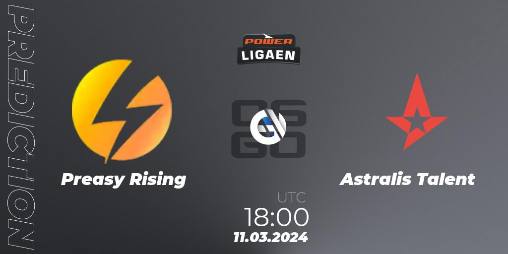 Preasy Rising vs Astralis Talent: Betting TIp, Match Prediction. 11.03.2024 at 18:00. Counter-Strike (CS2), Dust2.dk Ligaen Season 25