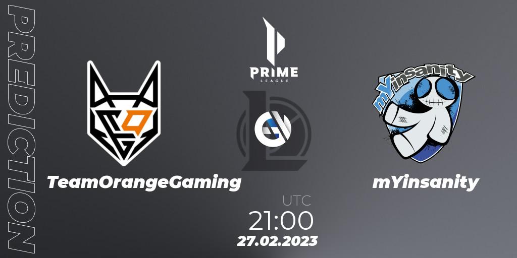 TeamOrangeGaming vs mYinsanity: Betting TIp, Match Prediction. 27.02.2023 at 21:00. LoL, Prime League 2nd Division Spring 2023 - Group Stage