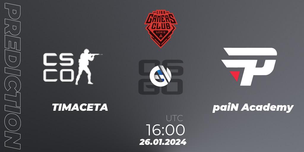 TIMACETA vs paiN Academy: Betting TIp, Match Prediction. 26.01.2024 at 16:00. Counter-Strike (CS2), Gamers Club Liga Série A: January 2024