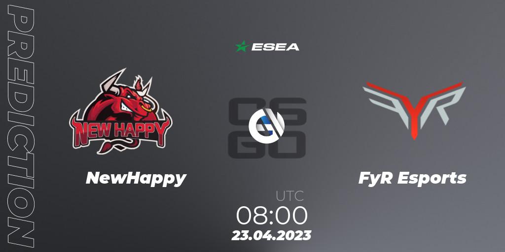 NewHappy vs FyR Esports: Betting TIp, Match Prediction. 23.04.2023 at 08:00. Counter-Strike (CS2), ESEA Cash Cup: Asia - Spring 2023 #3
