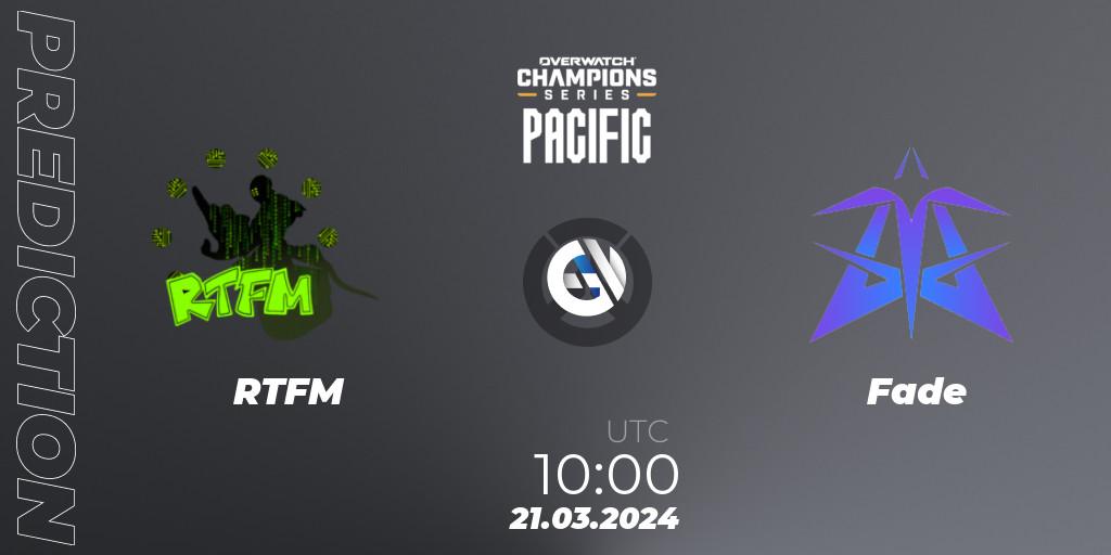 RTFM vs Fade: Betting TIp, Match Prediction. 21.03.2024 at 10:00. Overwatch, Overwatch Champions Series 2024 - Stage 1 Pacific