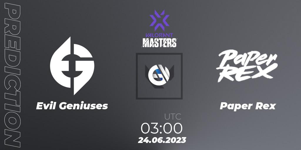Evil Geniuses vs Paper Rex: Betting TIp, Match Prediction. 24.06.2023 at 03:10. VALORANT, VCT 2023 Masters Tokyo