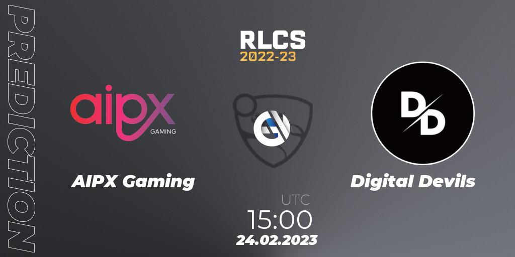 AIPX Gaming vs Digital Devils: Betting TIp, Match Prediction. 24.02.2023 at 15:00. Rocket League, RLCS 2022-23 - Winter: Sub-Saharan Africa Regional 3 - Winter Invitational