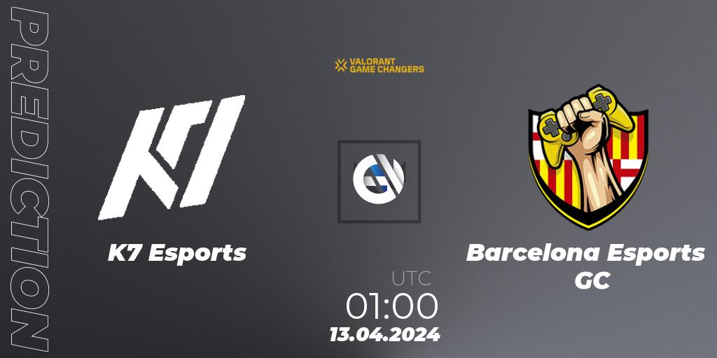 K7 Esports vs Barcelona Esports GC: Betting TIp, Match Prediction. 13.04.2024 at 01:00. VALORANT, VCT 2024: Game Changers LAN - Opening