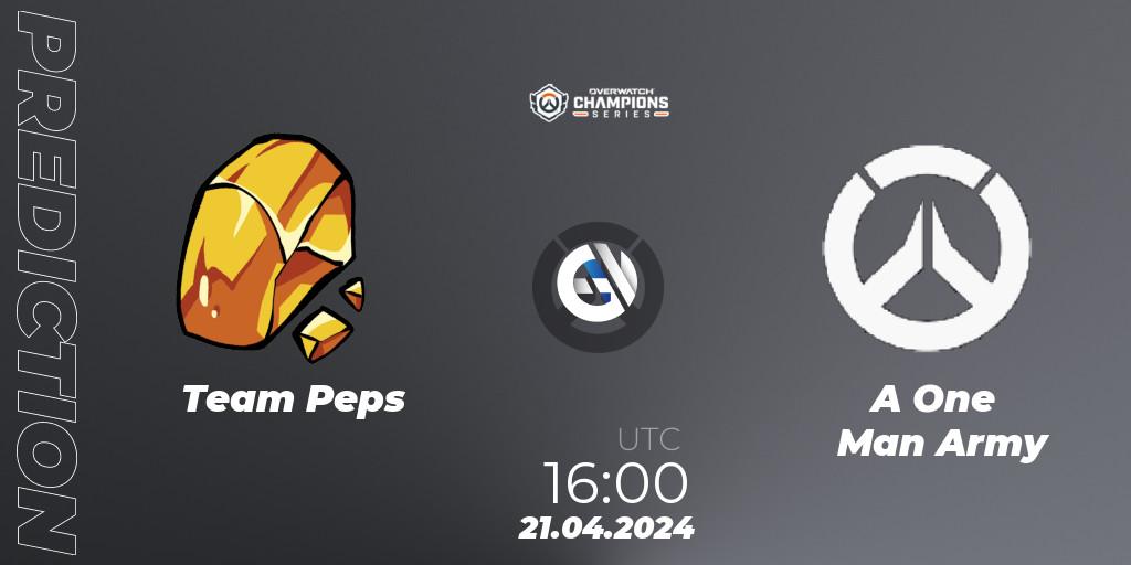 Team Peps vs A One Man Army: Betting TIp, Match Prediction. 21.04.2024 at 16:00. Overwatch, Overwatch Champions Series 2024 - EMEA Stage 2 Group Stage
