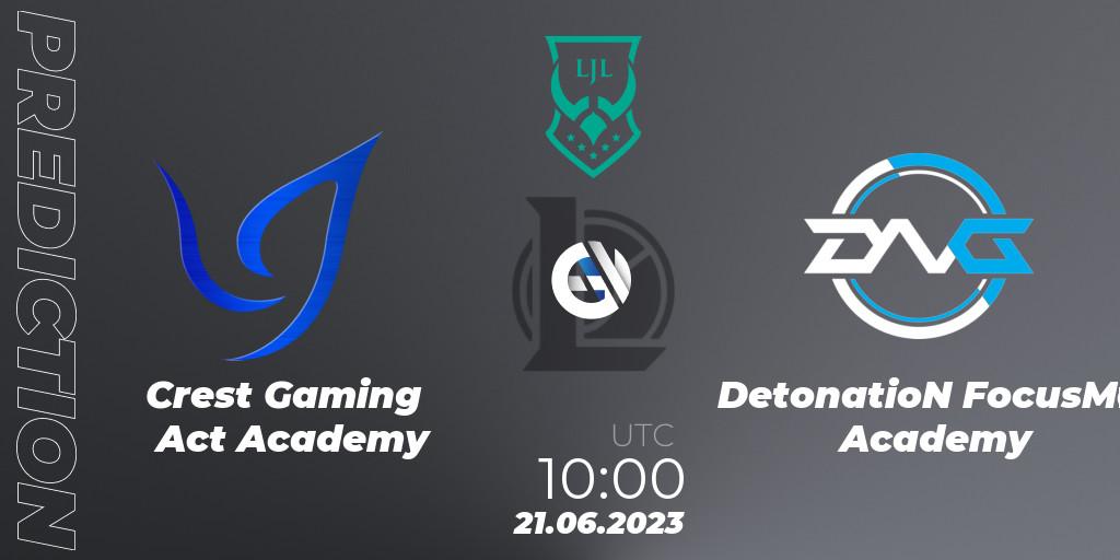 Crest Gaming Act Academy vs DetonatioN FocusMe Academy: Betting TIp, Match Prediction. 21.06.2023 at 10:15. LoL, LJL Academy 2023 - Group Stage