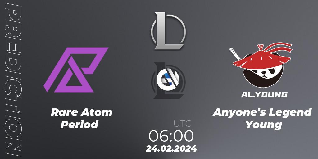 Rare Atom Period vs Anyone's Legend Young: Betting TIp, Match Prediction. 24.02.2024 at 06:00. LoL, LDL 2024 - Stage 1