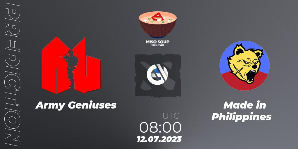 Army Geniuses vs Made in Philippines: Betting TIp, Match Prediction. 12.07.2023 at 08:03. Dota 2, Moon Studio Miso Soup