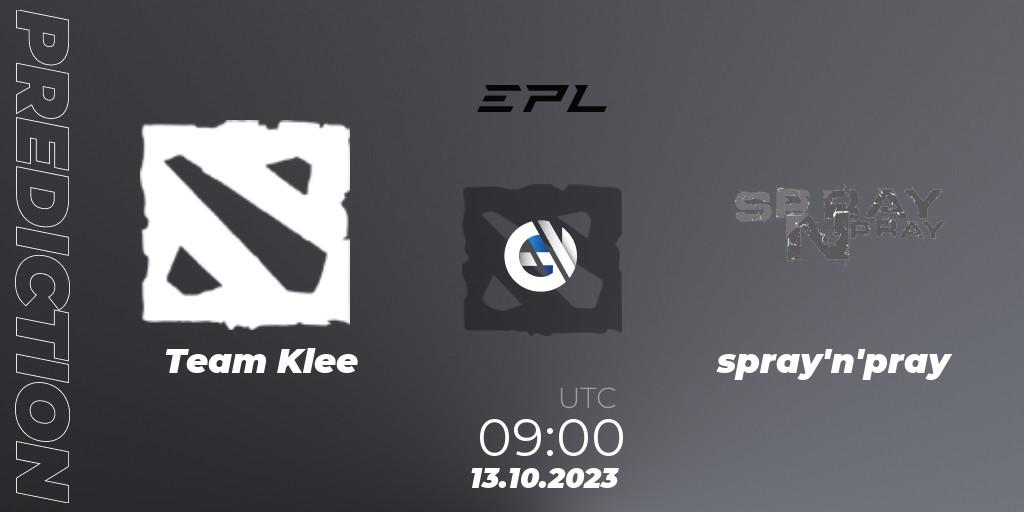 Team Klee vs spray'n'pray: Betting TIp, Match Prediction. 13.10.2023 at 09:00. Dota 2, European Pro League Season 13