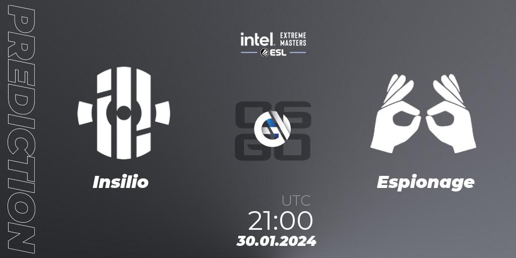 Insilio vs Espionage: Betting TIp, Match Prediction. 30.01.2024 at 21:00. Counter-Strike (CS2), Intel Extreme Masters China 2024: European Open Qualifier #2