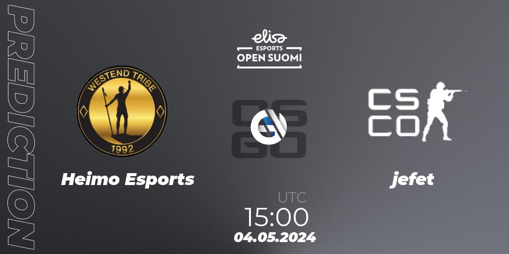 Heimo Esports vs jefet: Betting TIp, Match Prediction. 04.05.2024 at 15:00. Counter-Strike (CS2), Elisa Open Suomi Season 6