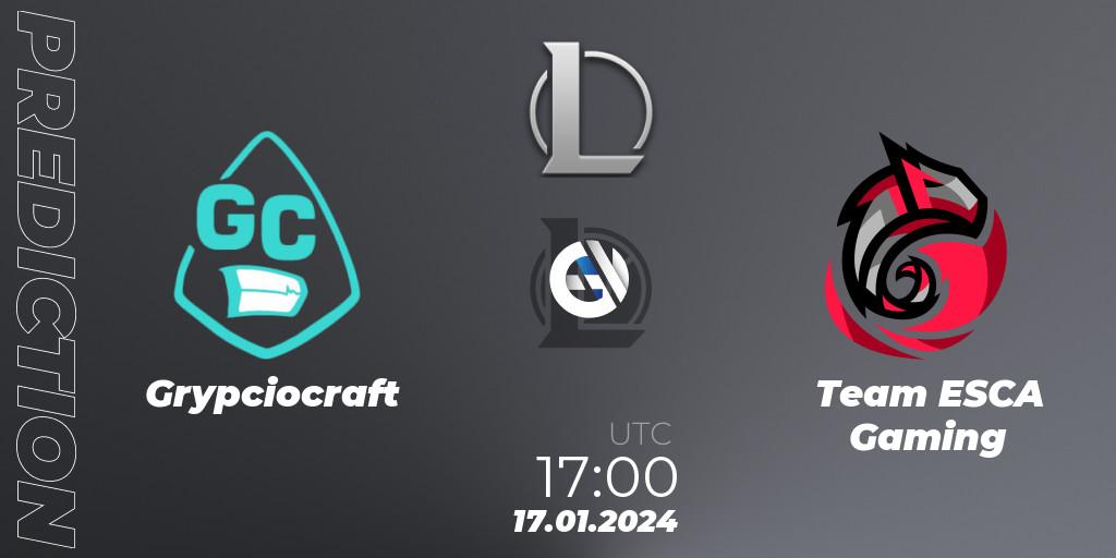 Grypciocraft vs Team ESCA Gaming: Betting TIp, Match Prediction. 17.01.2024 at 17:00. LoL, Ultraliga S11