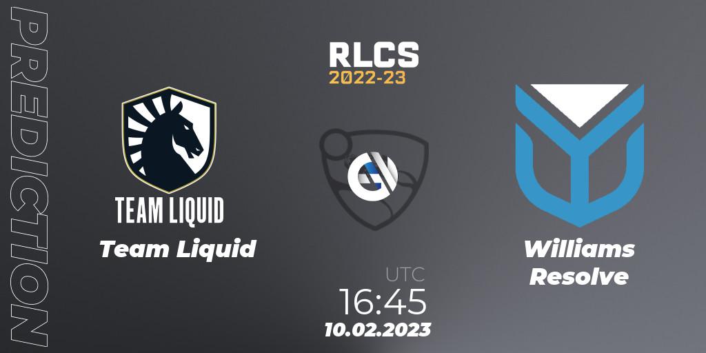 Team Liquid vs Williams Resolve: Betting TIp, Match Prediction. 10.02.2023 at 16:45. Rocket League, RLCS 2022-23 - Winter: Europe Regional 2 - Winter Cup