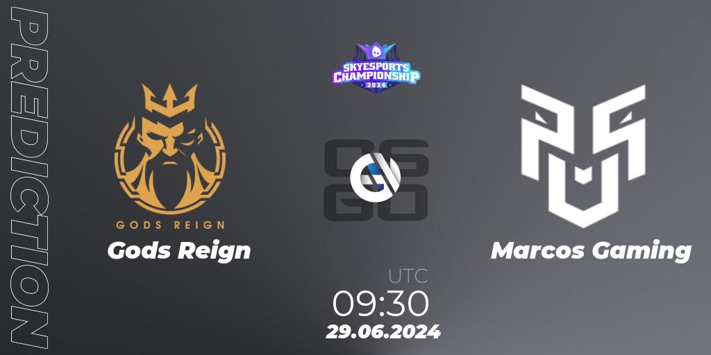 Gods Reign vs Marcos Gaming: Betting TIp, Match Prediction. 29.06.2024 at 09:30. Counter-Strike (CS2), Skyesports Championship 2024: Indian Qualifier